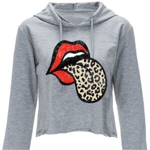 Awesome Leopard Crop Hoodie Rolling Stones Graphic Loose Fit Drawstring szM NWOT